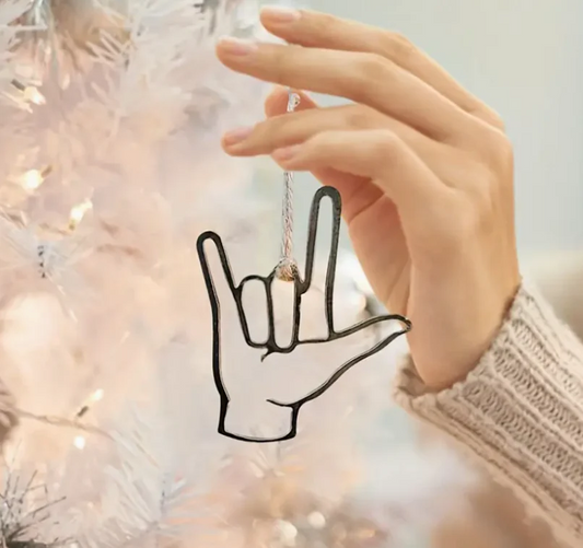 Hanging mental I love you ornament in Sign Language